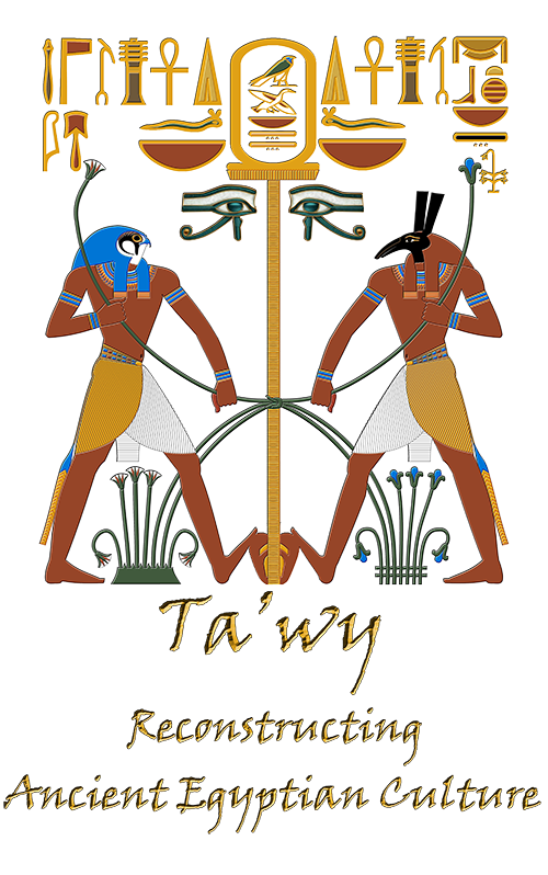Logo of Ta’wy showing Horus and Seth binding together the heart‑and‑trachea hieroglyph, the symbol of smA tAwy, representing the unification of the Two Lands.